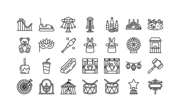 Amusement Game Symbols. Line icon set of carnival recreation entertainment games thin outline style: roller coaster, bumper car, swing ride, drop tower, ring toss, duck target, prize teddy bear,