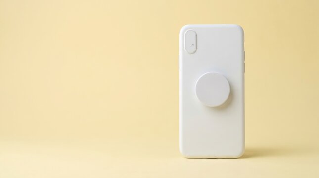 White phone case with pop socket on back yellow background