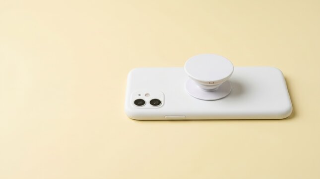 White smartphone with pop socket grip on yellow background