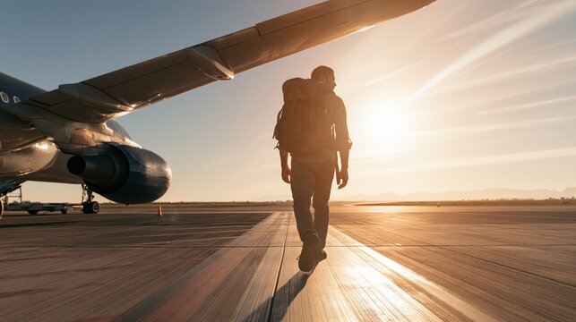 Traveler with backpack walking towards airplane on airport tarmac during sunny day, embarking on global journey