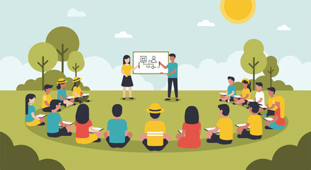 Obraz premium Outdoor classroom with students and teacher
