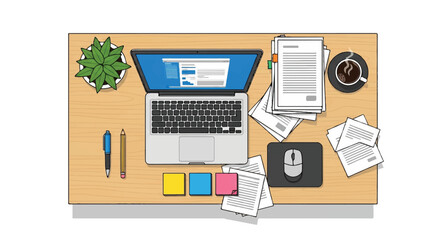 Fototapeta premium Creative workspace with laptop, papers, coffee, and colorful stationery on a tidy desk.