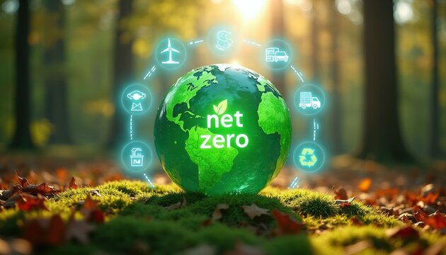 Green planet Earth glows in forest on mossy ground with autumn leaves. Net zero concept icons show clean energy wind turbine, recycling, transport. Sustainable future goal.