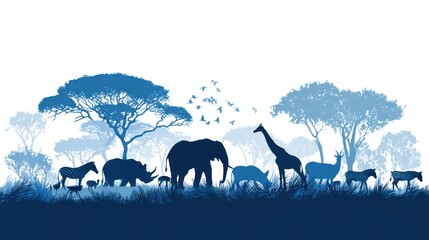 Fototapeta premium Silhouette of various African wildlife including elephants, giraffes, and zebras against a blue sky