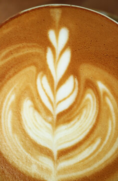Macro top view of beautiful rosetta latte art with smooth velvety microfoam texture