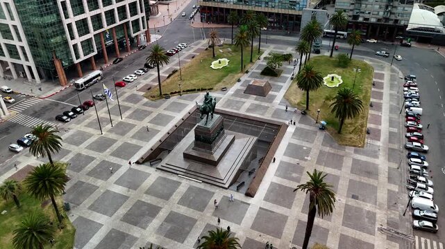 Drone view of Artigas Mausoleum and statue, Plaza Independencia, Montevideo