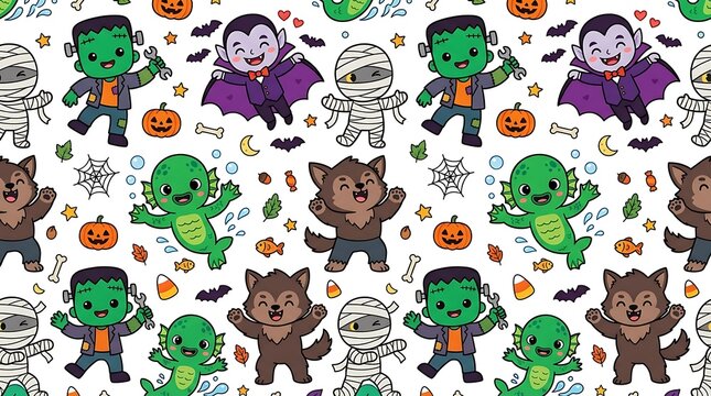Chibi Halloween character pattern loop with mummy, werewolf and swamp creature