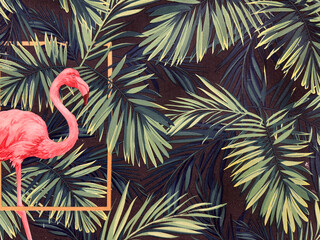 Exotic wallpaper of pink flamingo with green tropical palm leaves and dark blue background. Classic vintage and exotic flamingo bird wall covering. Suitable for graphic illustration. Seamless texture. © TMR Studio