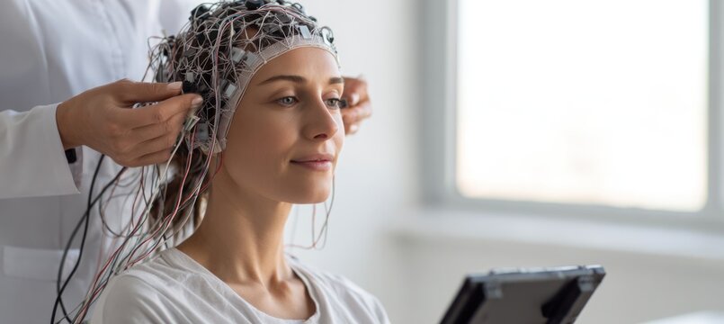 Female patient undergoing EEG test with electrodes attached in clinical setting, healthcare professional assisting