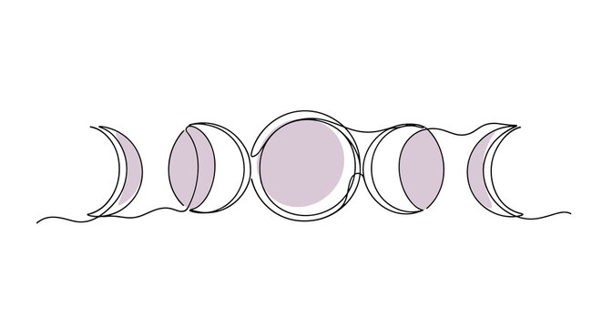 A single continuous black line drawing illustrating the five phases of the moon with soft purple color accents against a clean white background in a minimalist artistic style compo
