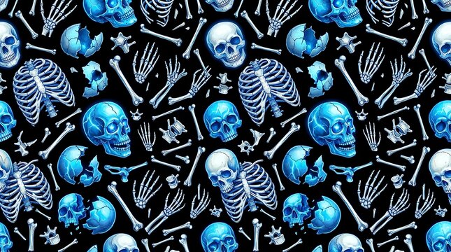 Neon Glow Skeleton Bones and Skulls Seamless Pattern Background