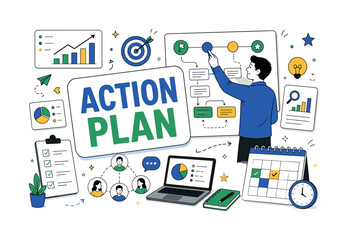 Fototapeta premium Action Plan Strategy. Editorial banner with project lead arranging oversized implementation roadmap and schedule board, with strategy chart, analysis card, collaboration nodes, checkmark list, and
