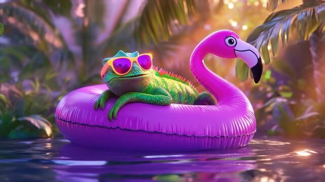 Chameleon in sunglasses relaxing on pink flamingo float in tropical paradise at sunset