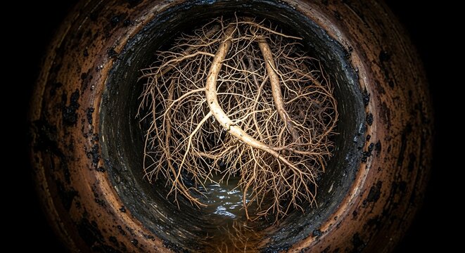 Tree roots blocking a circular drainpipe
