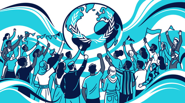 Diverse crowd celebrating around a globe with UN logo, symbolizing unity and global cooperation
