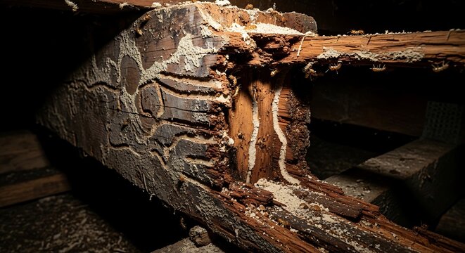 Termite Damage to Old Wooden Support Beam