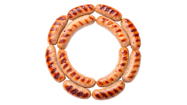 Circular ring pattern made of grilled pork sausages bratwurst isolated on transparent background Png cut out