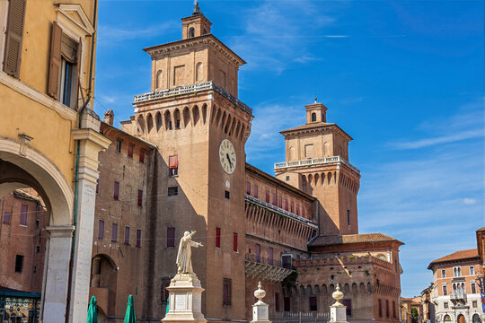 Ferrara, Italy - Jule 06,2024: Castello Estense, Castle in Ferrara - The main residence of the medieval rulers of the House of Este in Ferrara.Castello Estense in Ferrara, Emilia-Romagna