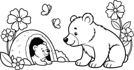 Cute polar bear cubs playing outside den with flowers butterflies © RaselAhmed
