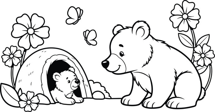 Cute polar bear cubs playing outside den with flowers butterflies