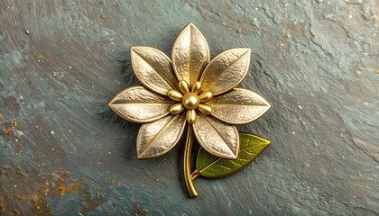 Ornate golden flower brooch with green leaf detail on textured dark background, vintage accessory