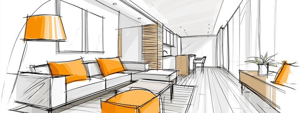Contemporary open-plan apartment sketch with vibrant orange color accents on the sofa cushions and lampshade.