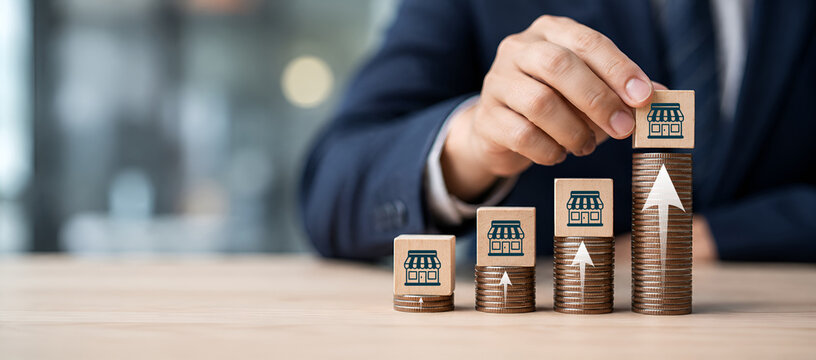 Business sale growth and expand shop franchise concept. planning growth financial and branch expansion and management plan bank loans or marketing franchising. 