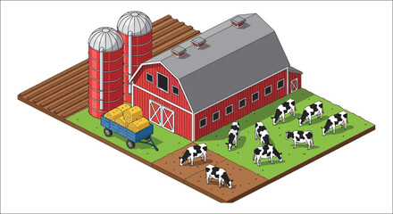 Isometric farm scene with red barn silos and grazing cows © Victoria hub