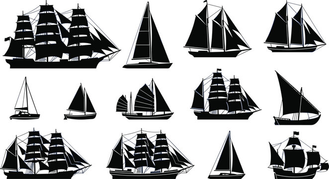 Sailing ships and boats silhouette vector set. Vintage galleon, schooner, modern yacht, wooden junk boat, dhow, maritime transport, ocean exploration and nautical history design elements.