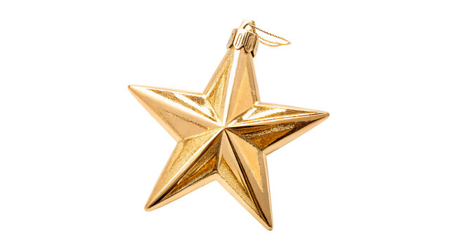 Hanging shiny golden star Christmas ornament decoration with a string isolated on transparent background Png cut out