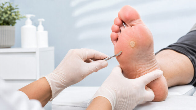 podiatrist using scalpel to treat callus on patient foot. Professional medical procedure for skin removal. Clinical foot care treatment for healthy feet in medical clinic setting