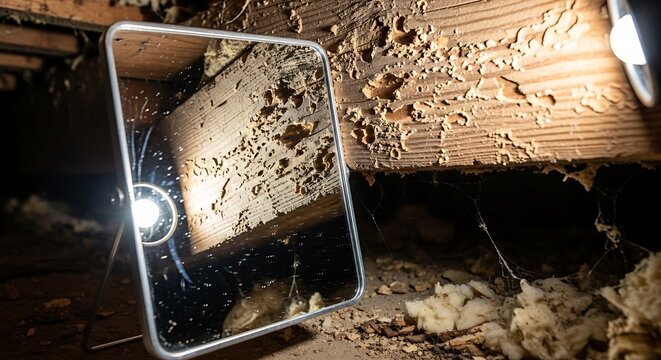 Inspection Mirror Reveals Termite Damage on Wooden Structure