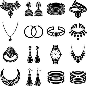 Exotic and traditional jewelry set with ethnic choker necklace jhumka earrings bangles cocktail ring and luxury wristwatch vector silhouette icons on transparent layer.