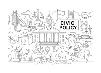 Obraz premium Government Politics Civic. Clean one-line drawing banner composition showing an oversized courthouse and ballot box spanning all canvas edges, 2 civic leaders discussing law, justice, voting,