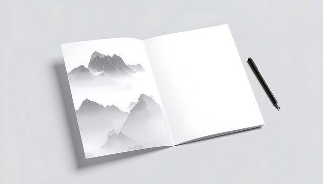 Open notebook with misty mountain landscape on left page and blank right page, dark pencil on gray surface