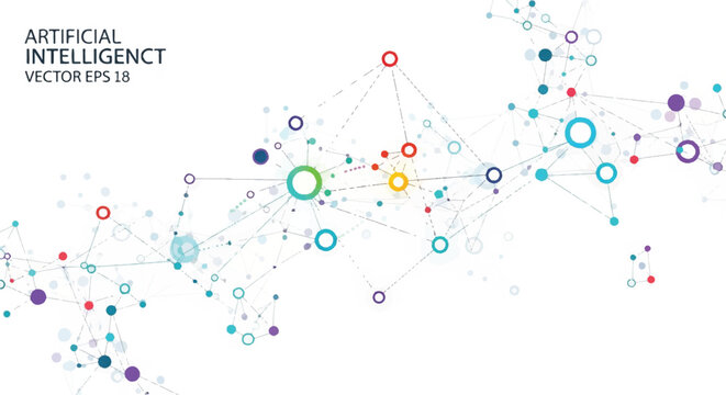 Abstract network of colorful connected nodes and signals representing data and technology.