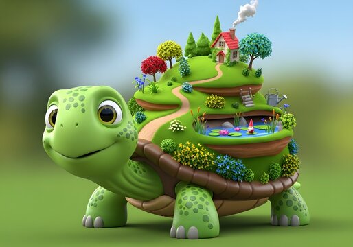 3D green turtle carrying a beautiful miniature garden complete with a house, trees, and a pond on its shell.