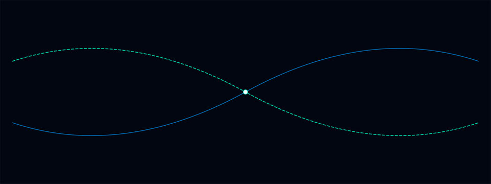 Abstract illustration of two intertwining wavy lines meeting at a central white point.