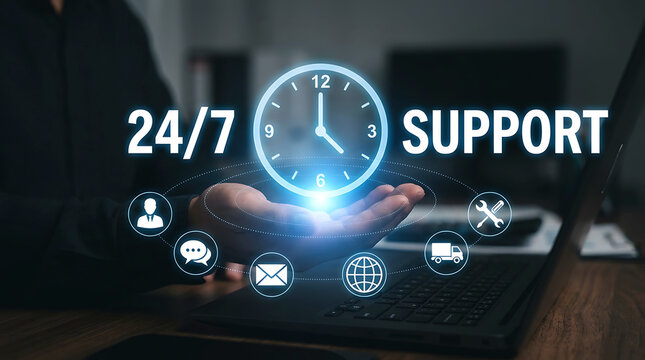 24 7 Customer Support Service Concept with Digital Clock and Online Assistance
