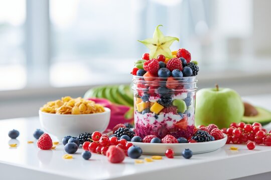 Colorful fruit parfait jar on a breakfast table with yogurt and granola for healthy food background and menu design