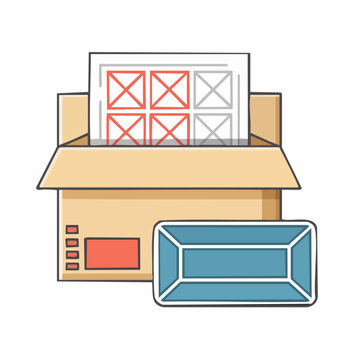 Cardboard box with layout grid and envelope