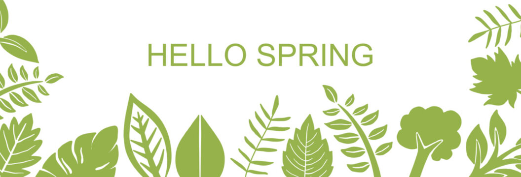 Hello Spring banner with green botanical leaves border vector illustration. Fresh spring seasonal horizontal banner with hand drawn leaf silhouettes