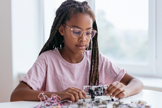 Young student assembling electronics and robotics components at a desk for stem classroom poster and educational background