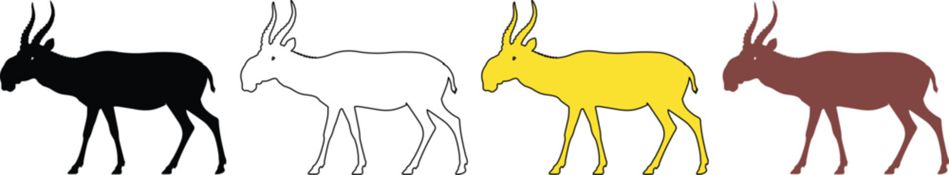 Minimalist antelope vector set, stylized gazelle silhouettes in black yellow and brown, hand drawn wild animal icons for nature branding