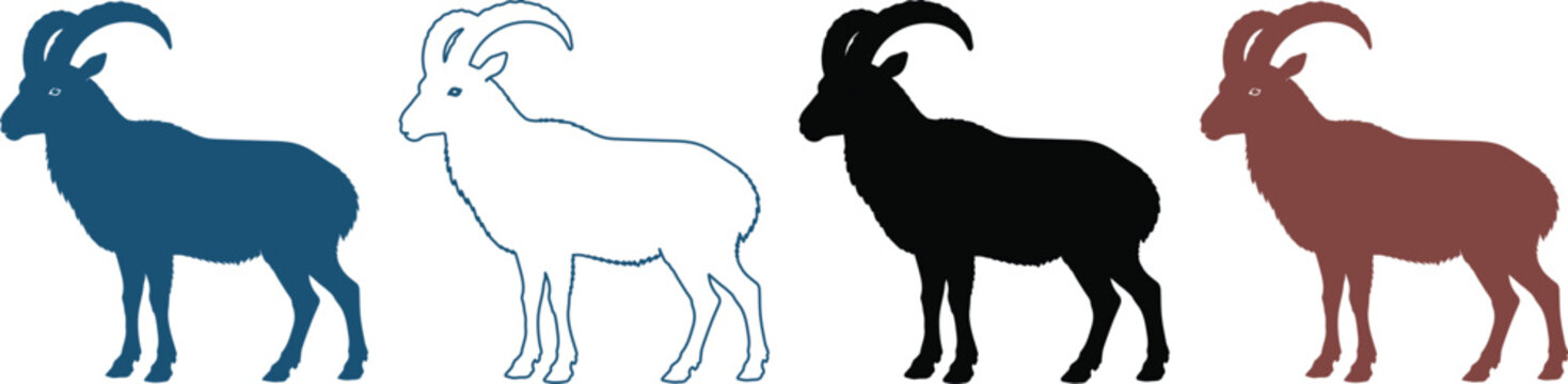 Alpine ibex silhouette vector set, wild mountain goat icons in various colors, standing capra animal profile collection for nature branding