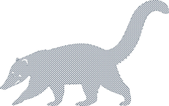 Minimalist coati silhouette with halftone pattern, South American wildlife vector illustration, gray coatimundi animal graphic for nature design