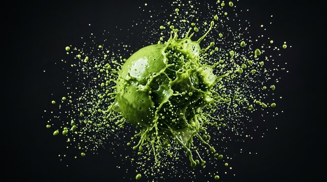 Vibrant green lime exploding with a dynamic splash of liquid against a dark background.