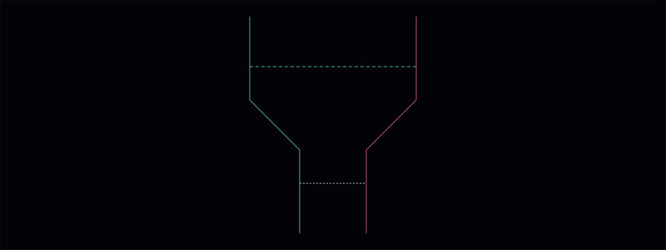 Abstract parallel lines forming funnel shape on dark background.
