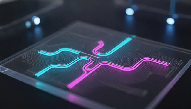Transparent microfluidic lab on a chip with glowing serpentine microchannels
