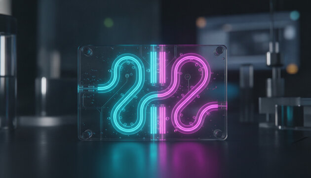 Transparent microfluidic lab on a chip with glowing serpentine microchannels